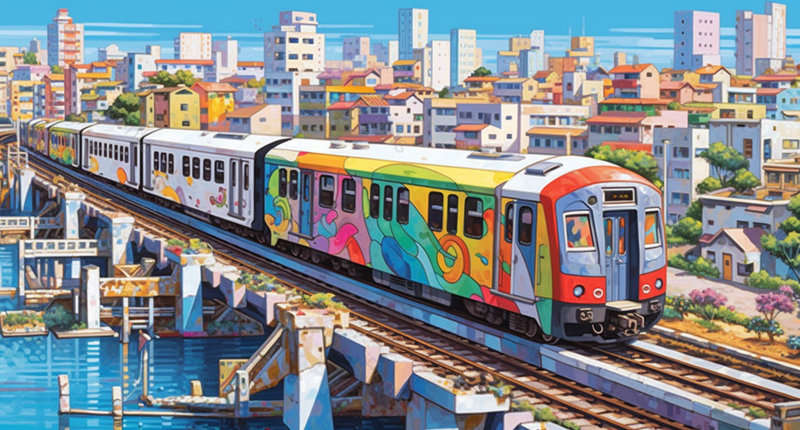 中国风新中式插图城市高楼房屋建筑彩色涂鸦高铁火车列车驶过水上大桥,插画/手绘图,插画/手绘图库,插画/手绘图下载,插画/手绘